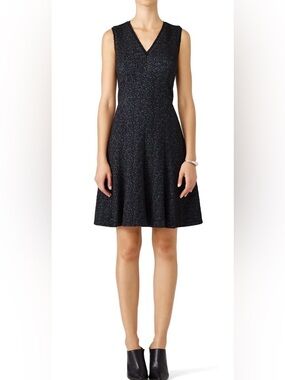 rebecca taylor tweed and leather dress Rebecca Taylor Black and Blue Textured Tweed and Leather Sleeve Dress XS
